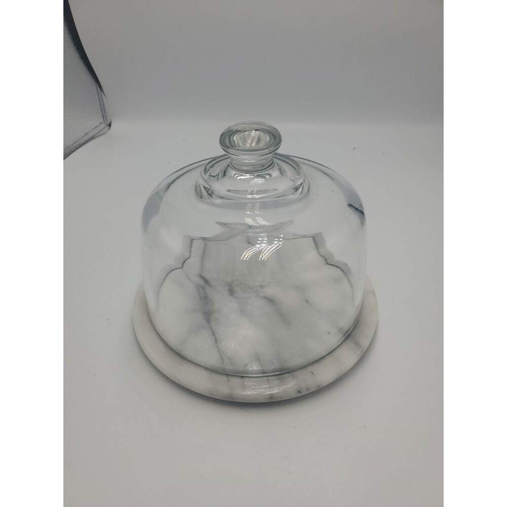 Vintage 1980s Marble Cheese Cloche Plate with Glass Covered Dome EUC